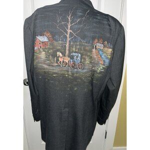 Hand Painted Suit Jacket Upcycle Folk Art Country Scene Farmhouse Horse Buggy